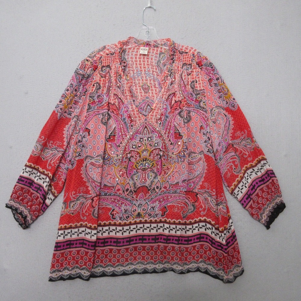 Bila Top Tunic Plus 1X Red Floral‎ Ruffle Neck Beaded Semi Sheer Sequin Boho